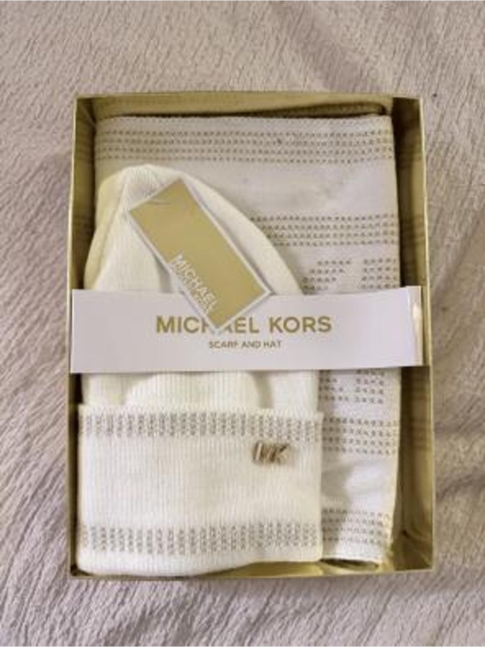 Michael Kors Cream and Gold Knit Scarf & Beanie Set
